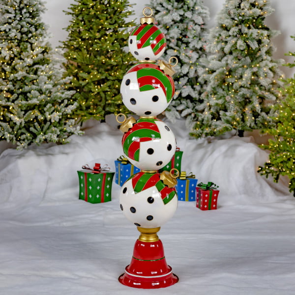 6 Feet tall iron Christmas Ornament tower with black and white polka dot pattern and red, green, gold details