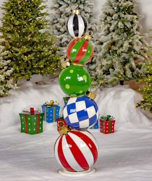 6.1 Feet tall iron Christmas ornament tower with large multicolor Christmas ball and gold details