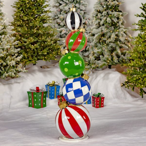 6.1 Feet tall iron Christmas ornament tower with large multicolor Christmas ball and gold details