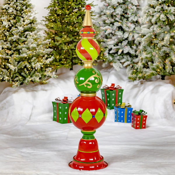 5.5 Feet Tall iron classic Christmas ornament tower in red, green and gold