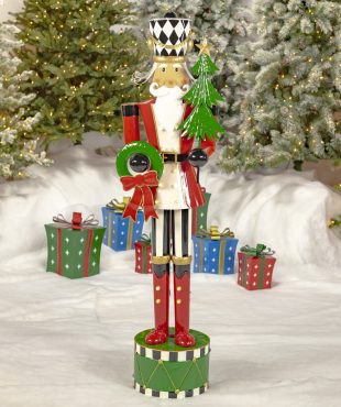 65 inch tall Iron nutcracker soldier in red with Christmas tree and wreath and LED Lights