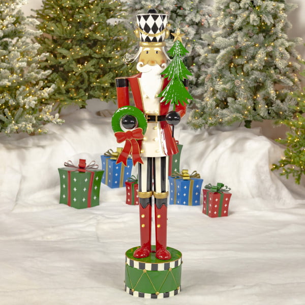 65 inch tall Iron nutcracker soldier in red with Christmas tree and wreath and LED Lights