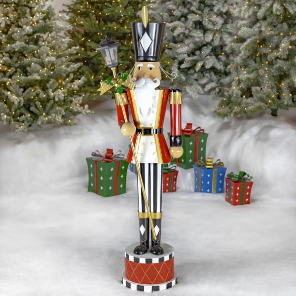 65 inch tall freestanding iron Christmas nutcracker soldier with LED Lights holding lantern