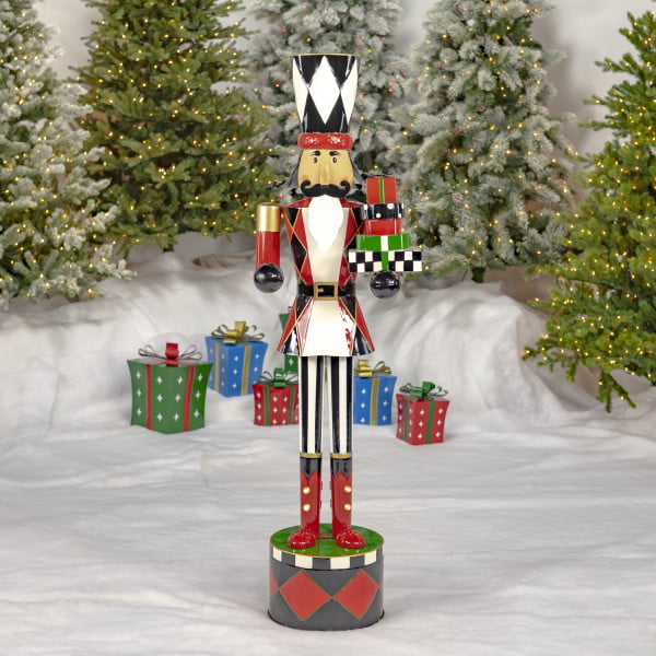 65 inch tall iron nutcracker soldier holding Christmas gifts with LED Lights
