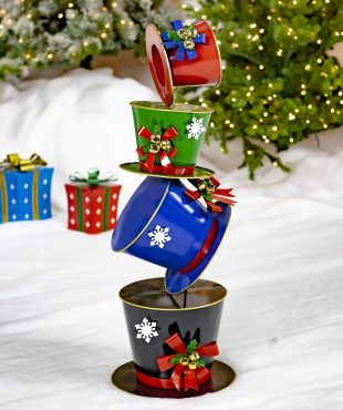 40 inch tall iron Christmas tower of top hats in red, blue, green and black with bows, bells and snowflakes holiday display