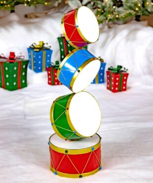 Christmas display 4 drums tower in red, green and blue with gold accents