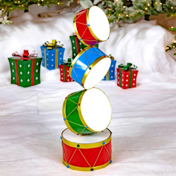 Christmas display 4 drums tower in red, green and blue with gold accents