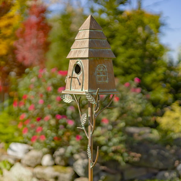 Iron haystack cabin birdhouse in antique copper finish with patina details