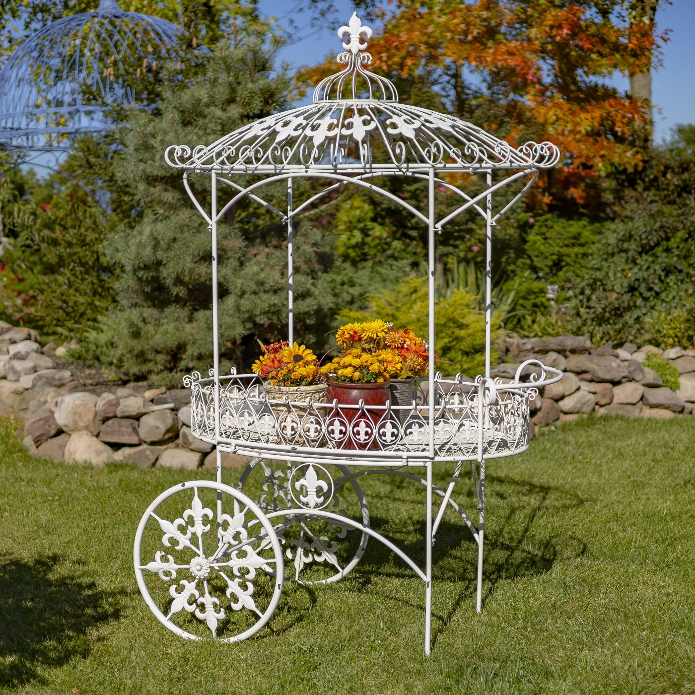 another side of iron flower cart with two wheels and canopy roof decorated with fleur-de-lis details and flower pots standing on it hand-painted in antique white distressed finish