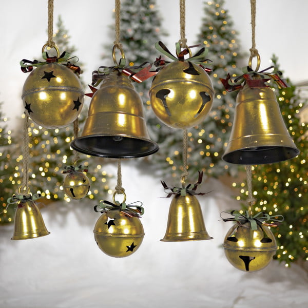 Set of 9 oversized hanging on a rope bells in assorted styles in antique gold distressed finish