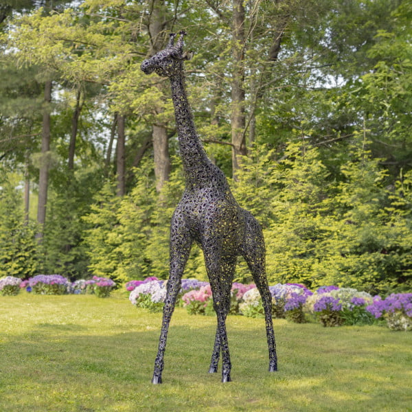9 feet tall iron ornate giraffe in metallic black-bronze distressed finish