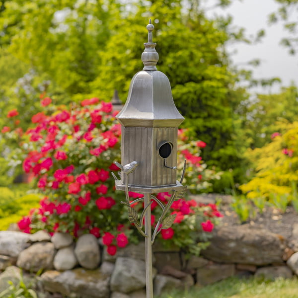side view image of iron bell roof birdhouse stake in antique silver hand-painted finish