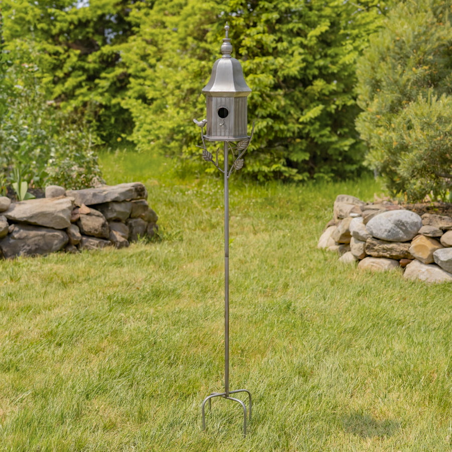 full size image of iron bell roof birdhouse in antique silver hand-painted finish standing on a 4 prong iron stake decorated with leaves and little bird perched on a leaf