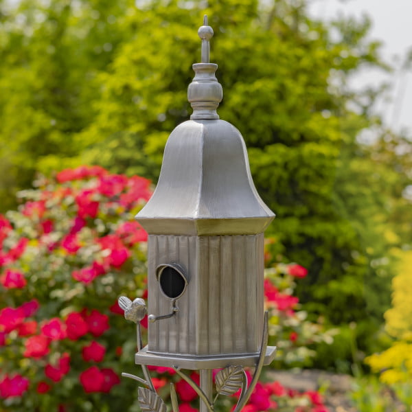 side image of iron bell roof birdhouse stake in antique silver hand-painted finish