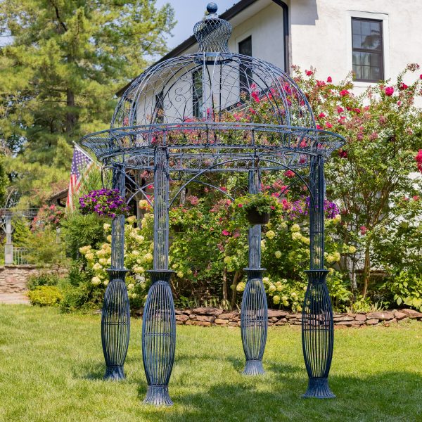 full size photo of 13 feet tall round metal garden gazebo in antique blue distressed finish decorated with hanging flower pots in backyard