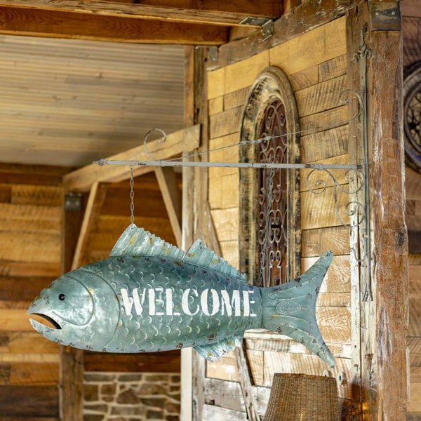LARGE HANGING FISH WELCOME SIGN WALL DECOR