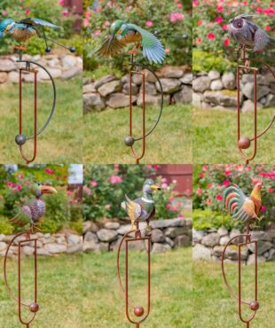 collage image of 6 assorted metal painted birds attached to balance stakes