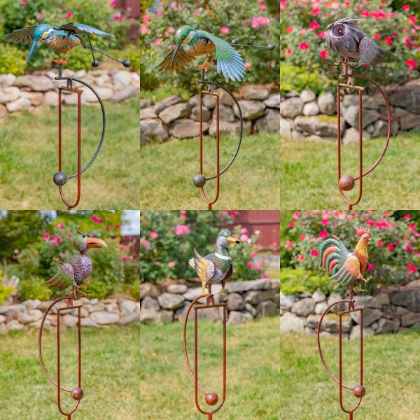 collage image of 6 assorted metal painted birds attached to balance stakes