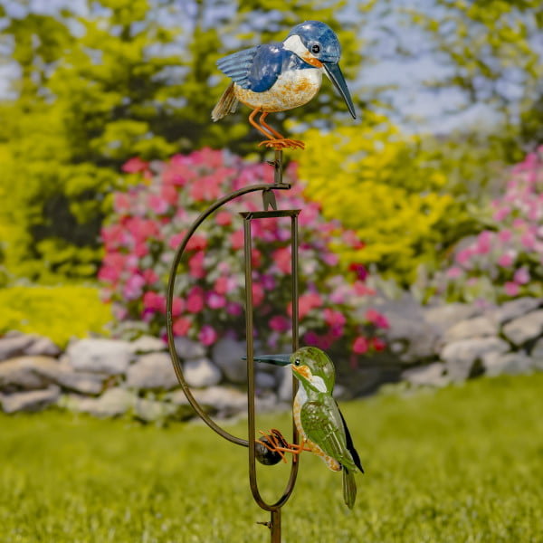 53 inch tall rocking stake with 2 blue and green hummingbirds iron garden stake