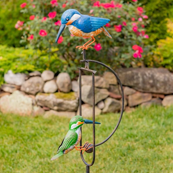 53 inch tall rocking stake with 2 blue and green hummingbirds iron garden stake