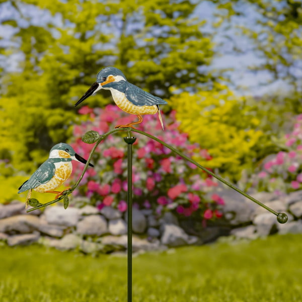 closed up image of 47 inch tall decorative garden iron balance stake with two birds