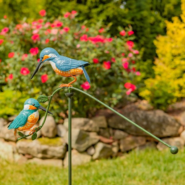 closed up image of 47 inch tall decorative garden iron balance stake with two birds