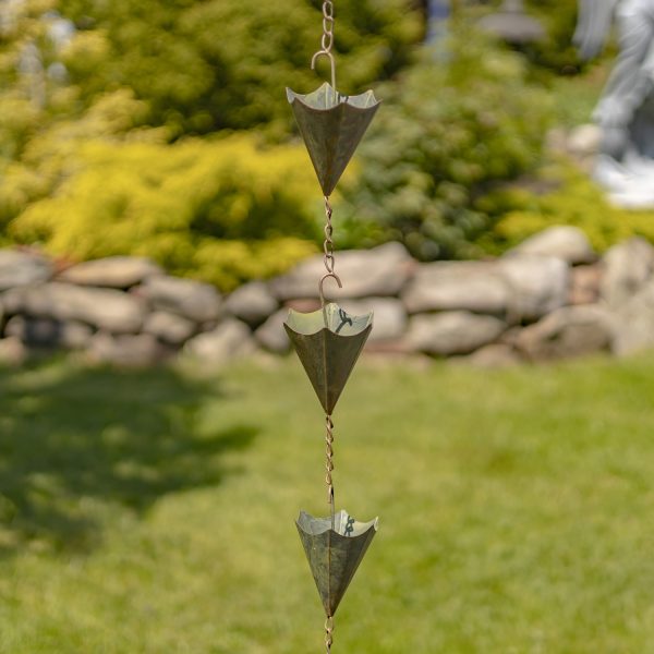 closed-up image of iron upside down umbrella rain chain in distressed antique copper finish