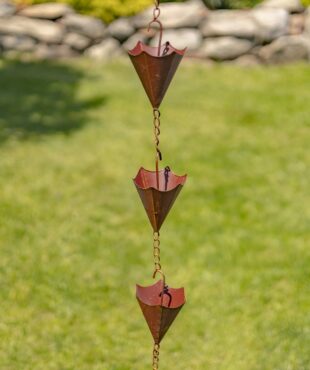 closed-up image of iron upside down umbrella rain chain in distressed antique rust finish