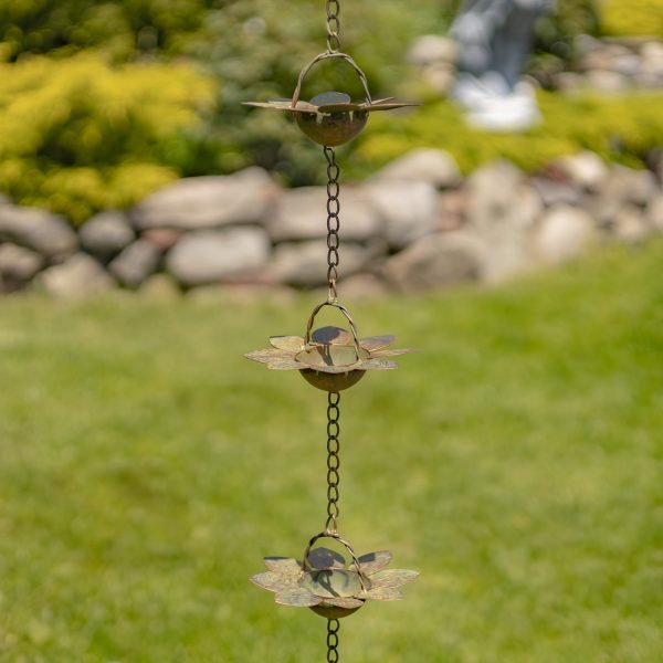 image if 3 iron flower rain chain in distressed antique copper finish