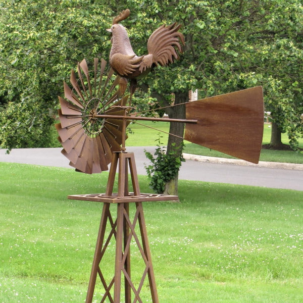 closed up image of Large Iron Windmill Stand with Rooster in antique rust distressed finish
