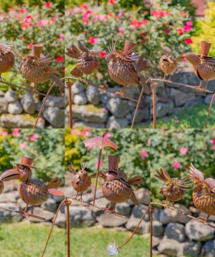 collage image of 6 assorted style feathered birds balance stakes in rust finish