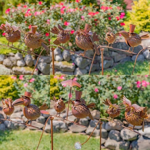 collage image of 6 assorted style feathered birds balance stakes in rust finish