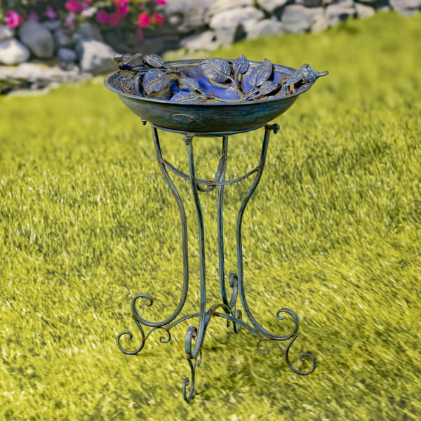 31 inch tall deep round basin birdbath ornate stand with rose and bird accents an distressed antique blue finish