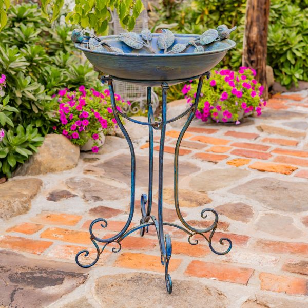 31 inch tall deep round basin birdbath ornate stand with rose and bird accents an distressed antique blue finish