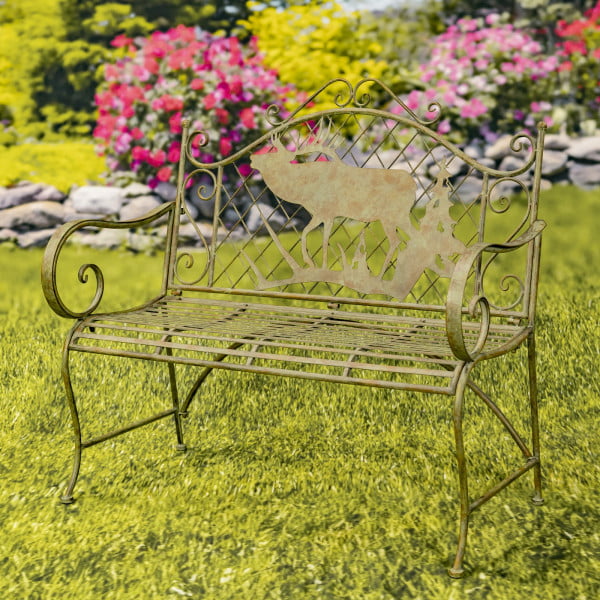 classic style iron garden bench with moose and evergreen on a backrest, curved armrest and seating in distressed reddish-green finish