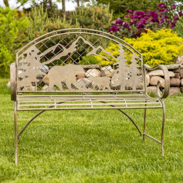 classic iron garden bench round top with grizzly bears and mountain silhouette in distressed reddish green finish