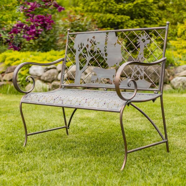 classic iron garden bench rectangular top with cow and windmill in distressed antique bronze finish