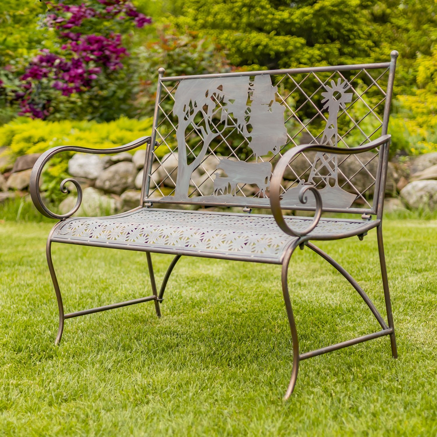 Rectangular Iron Garden Bench with Cow and Windmill Silhouette