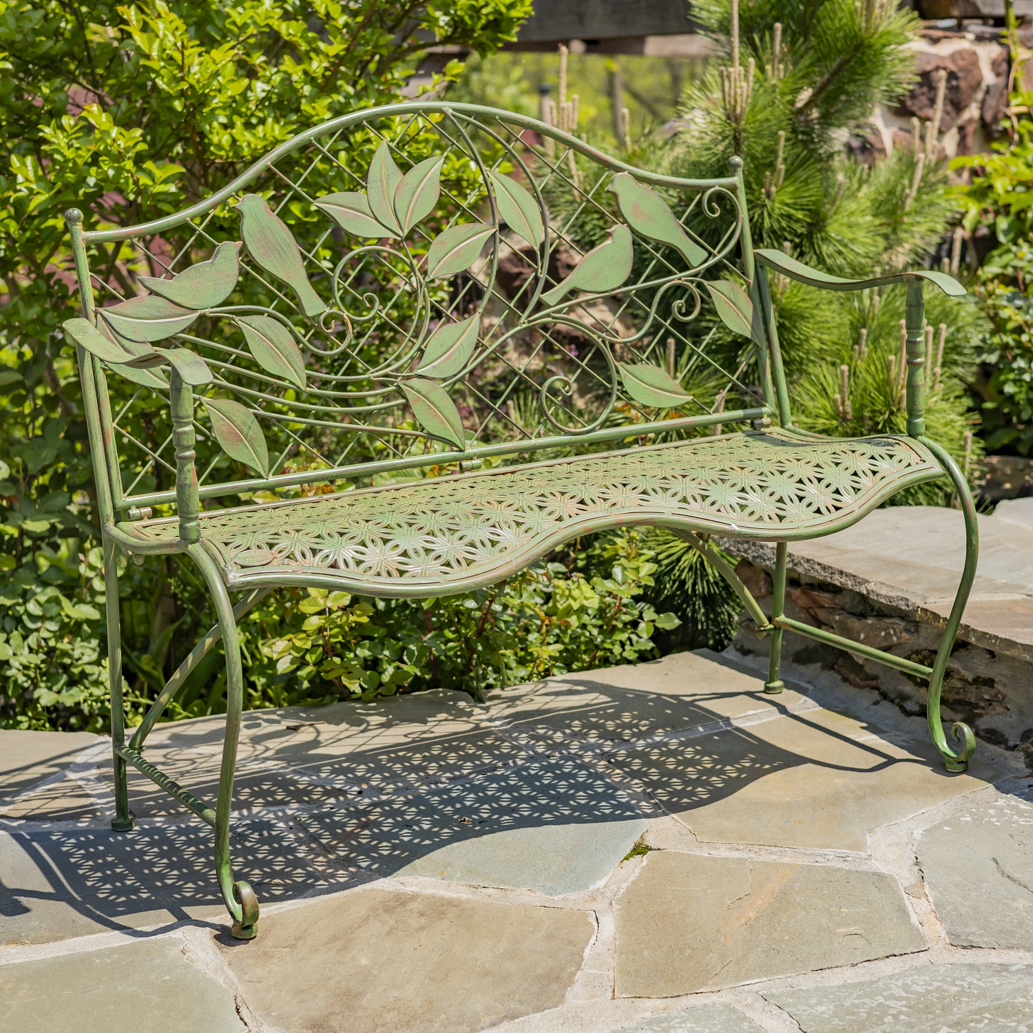 Classic Iron Garden Bench with Perched Birds Backrest 