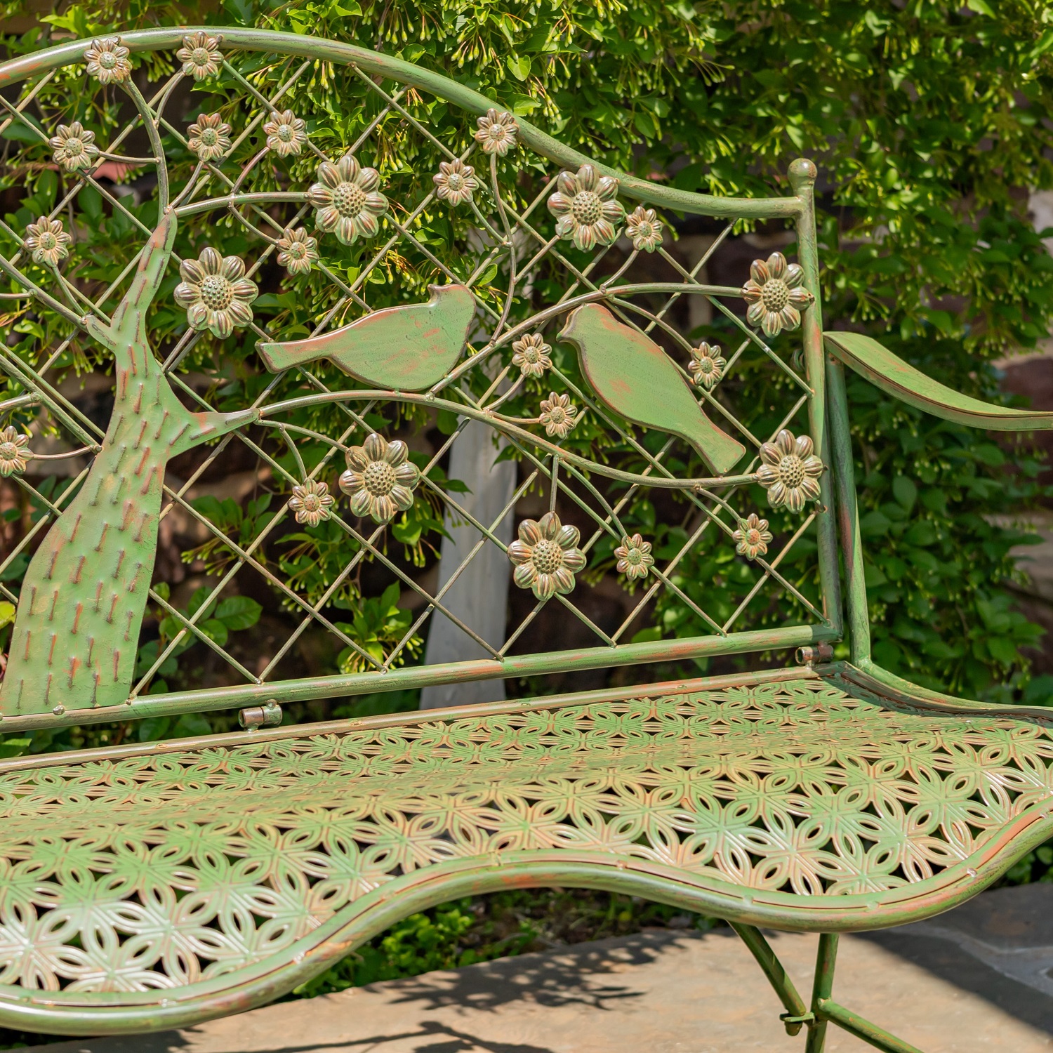 Classic Iron Garden Bench with Blooming Tree and Birds Backrest Nockamixon