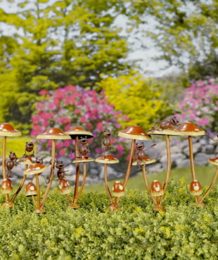 Set of 6 Assorted Friendly Frogs on Iron Mushroom Garden Stakes