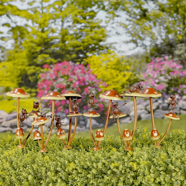 Set of 6 Assorted Friendly Frogs on Iron Mushroom Garden Stakes