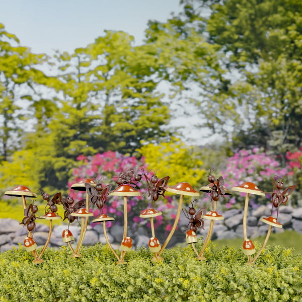 Set of 6 Assorted Bustling Butterflies on Iron Mushroom Garden Stakes