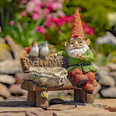 15.35In Tall Garden Gnome Statue with Welcome Sign, Birds and Birdbath
