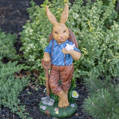 25In Tall Rabbit Garden Statue with Shovel and Bird Jack Rabbit