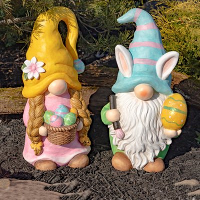 Easter Gnome Couple with Bunny Ears and Painted Eggs