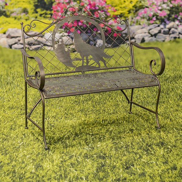 Classic Iron Garden Bench with Howling Wolf and Moon Silhouette Gunnison