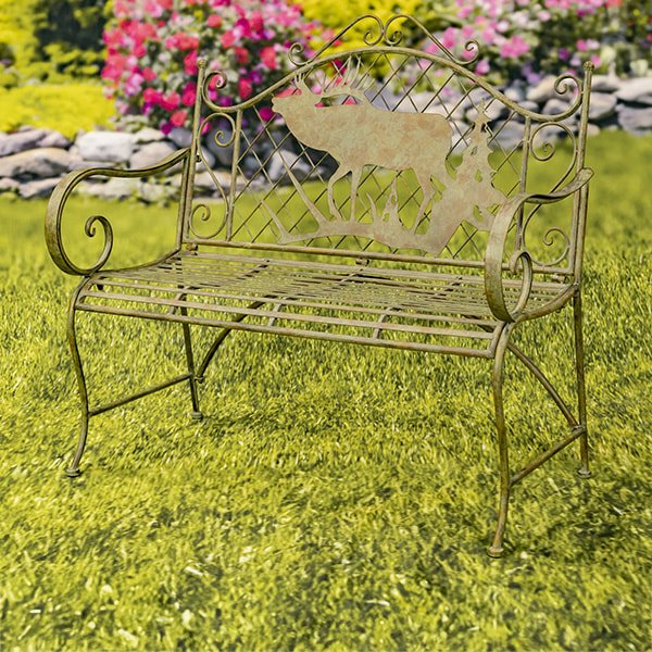 Classic Iron Garden Bench with Moose and Evergreen Silhouette The Highlands