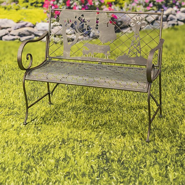 Rectangular Iron Garden Bench with Cow and Windmill Silhouette Strasburg