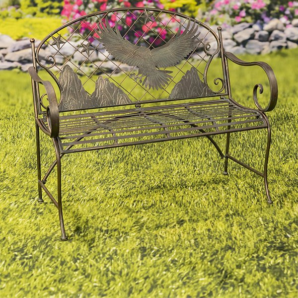 Round Top Iron Garden Bench with Flying Eagle and Star Backrest Klamath Basin